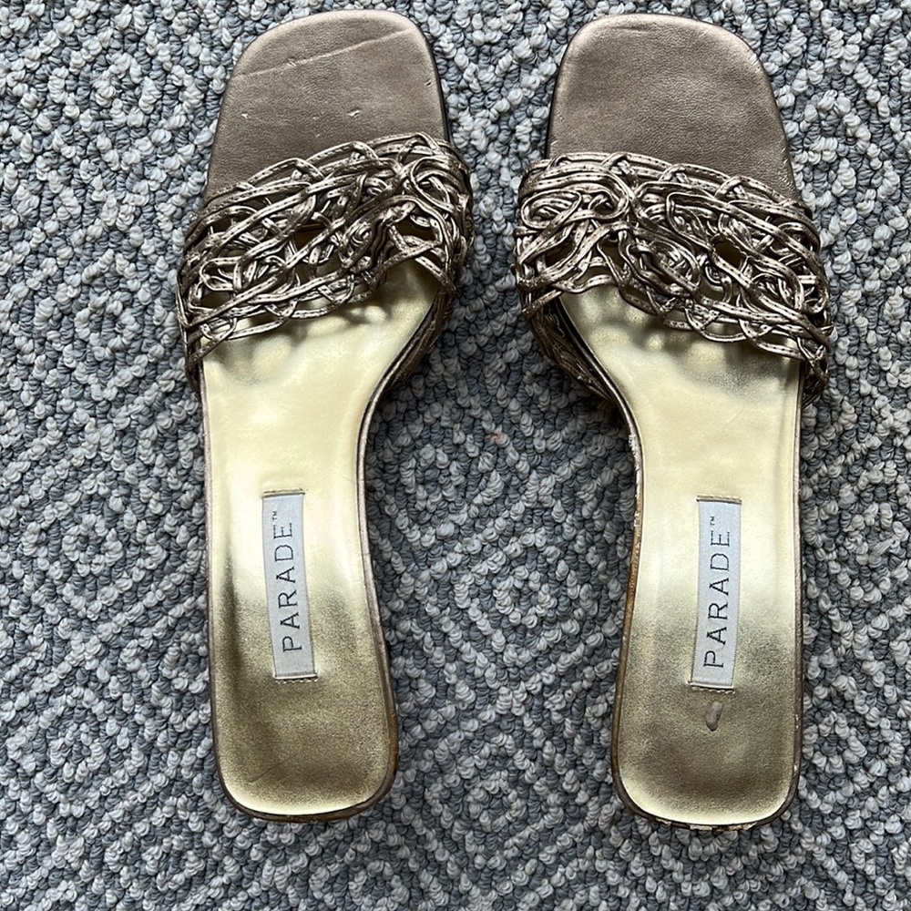 Gold dressy strapless high heel sandal